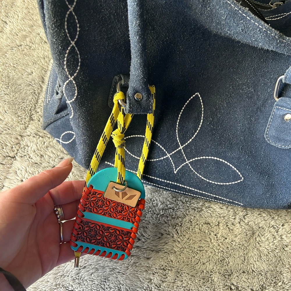Suede Navy Blue Handbag with Boot stitch detailing - Picture 5 of 12